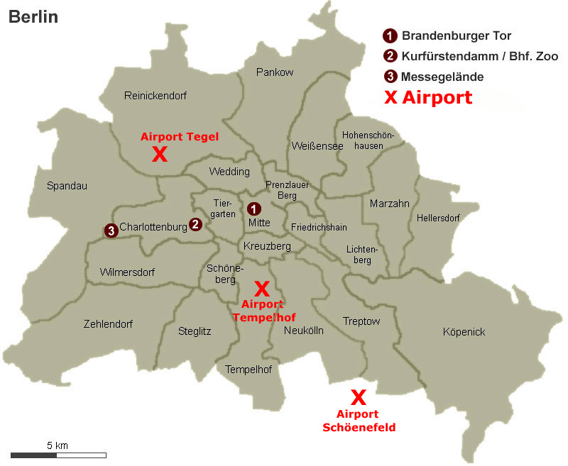 Flughaefen in Berlin - Flugahfen Tegel, Tempelhof, Schoenefeld - Karte